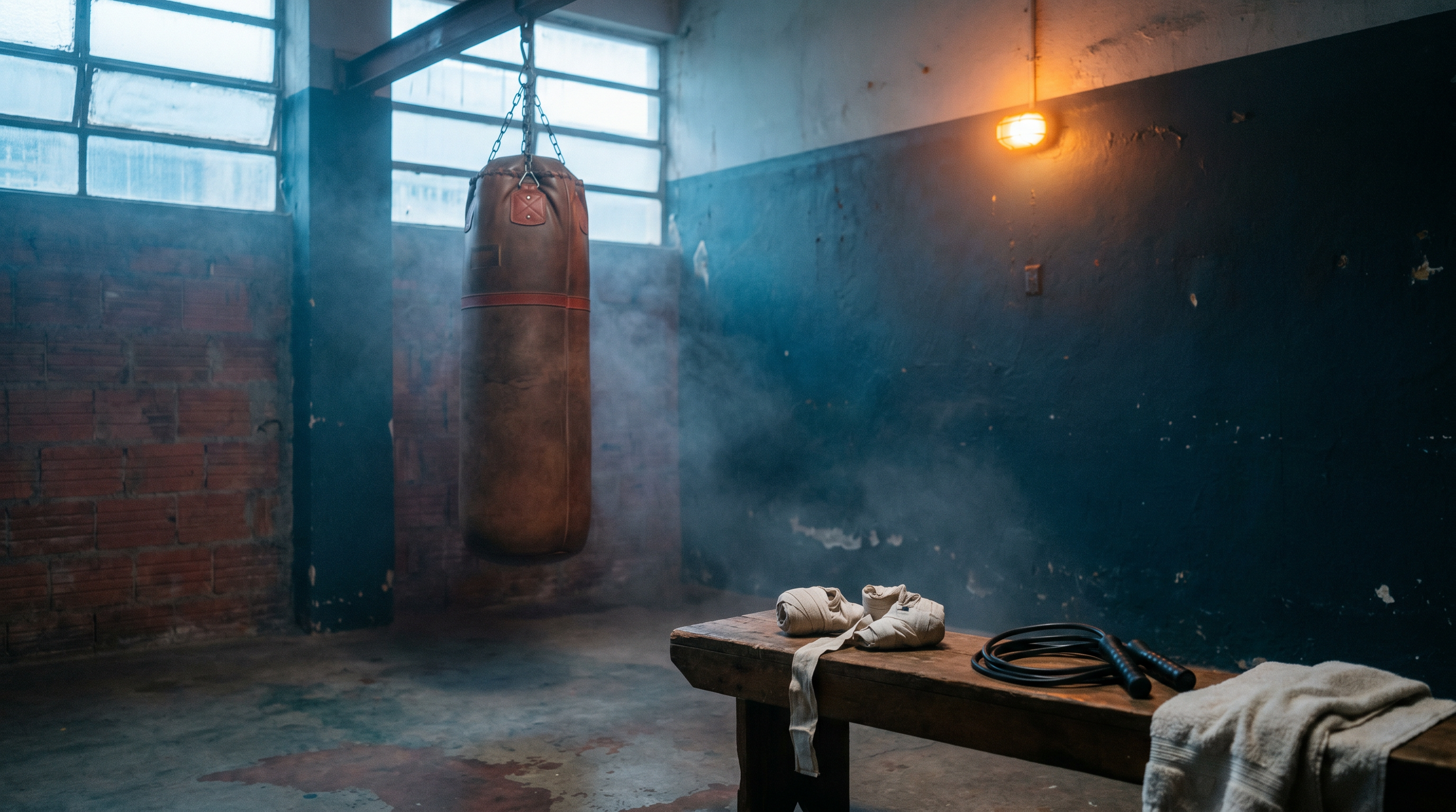 Academia de muay thai vazia ao amanhecer, símbolo de disciplina e constância