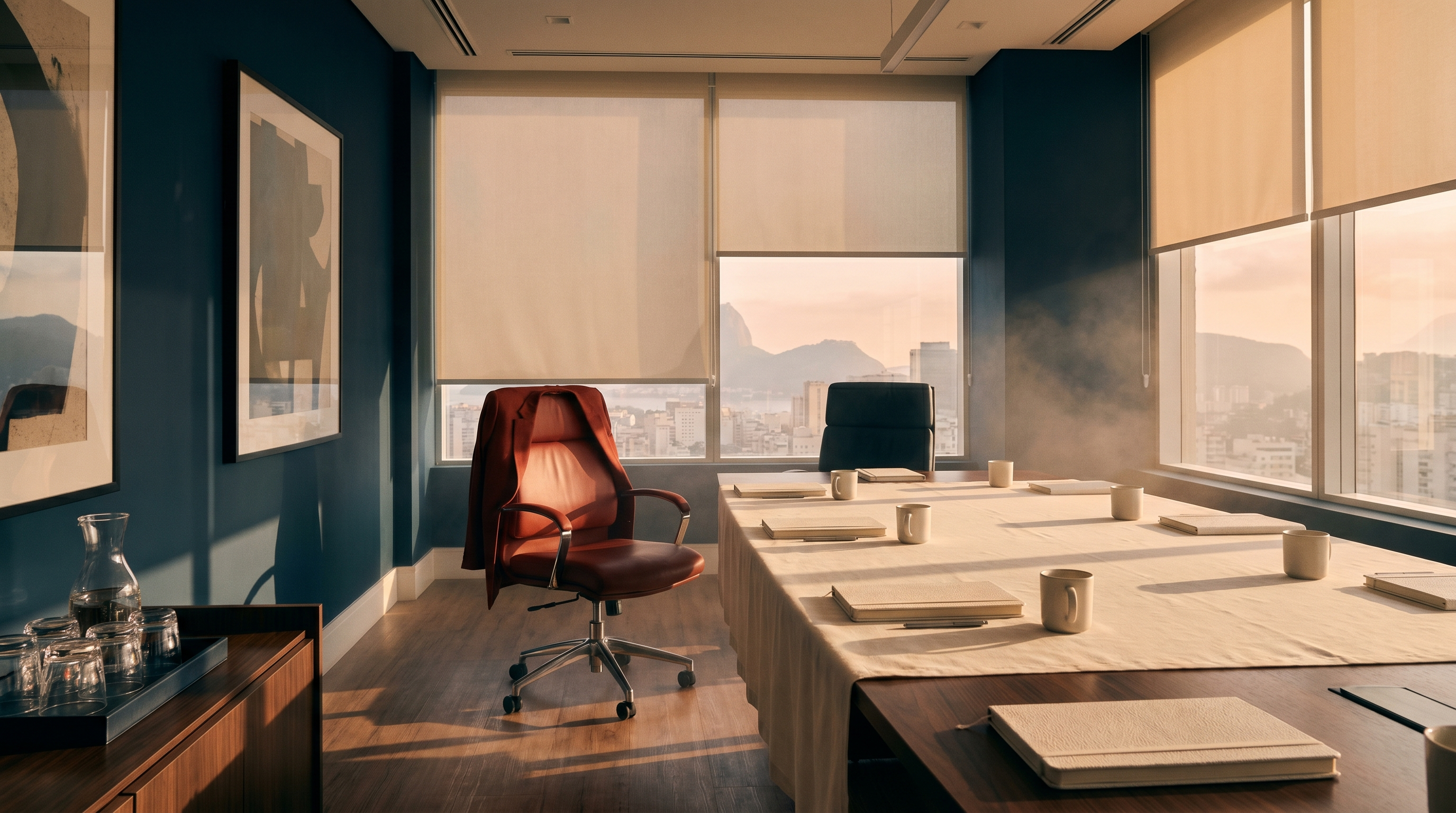 Sala de reunião corporativa com vista para a cidade