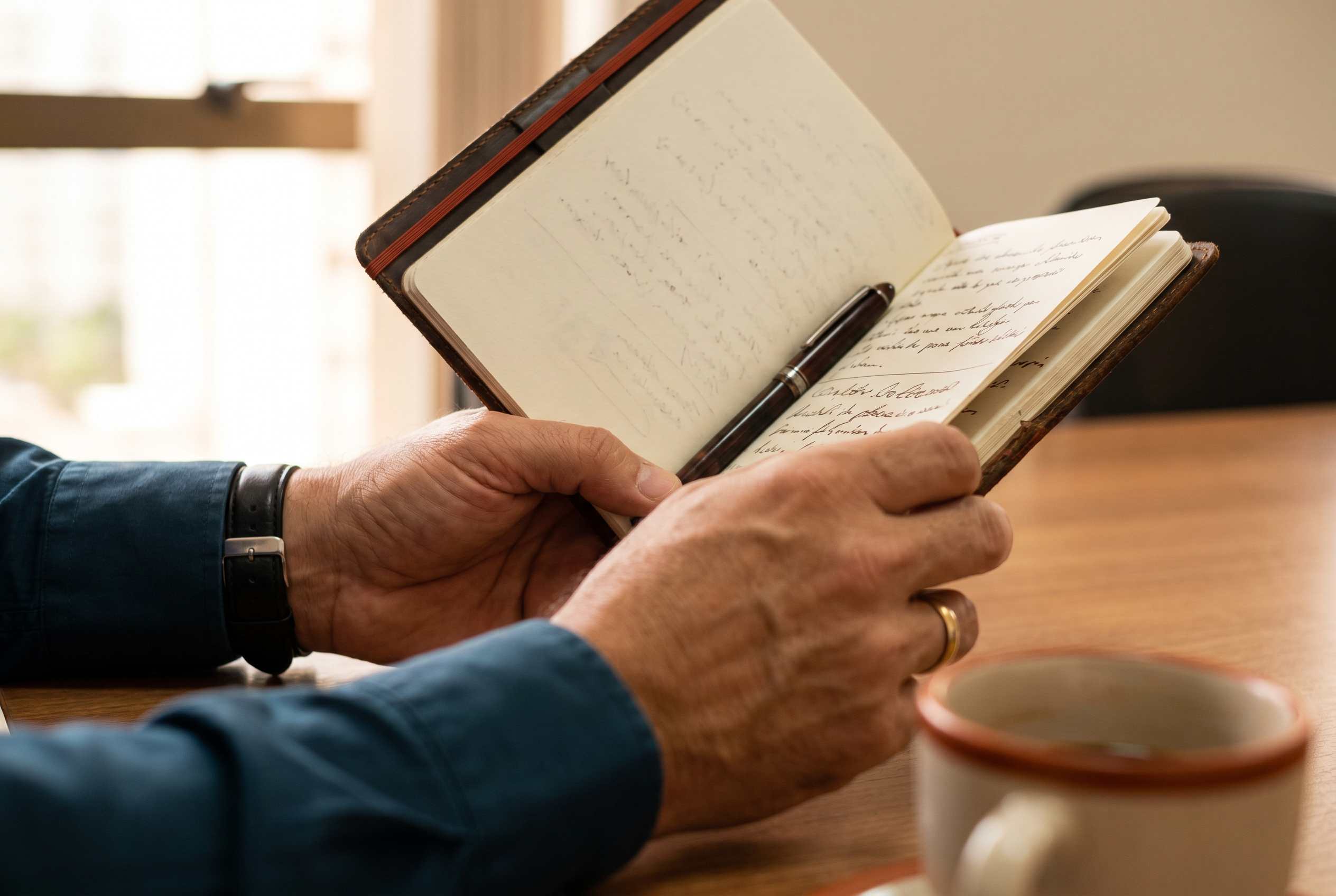 Mãos escrevendo anotações de liderança em um caderno